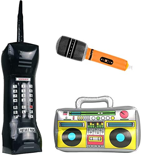 VIKSAUN 3 piezas Suministros de Decoración de Fiesta de Años 80 y 90, Radio Inflable, Teléfono Inflable, Micrófono inflable, para Fiestas de Rock Carnavales de Música, Accesorios de Fiesta