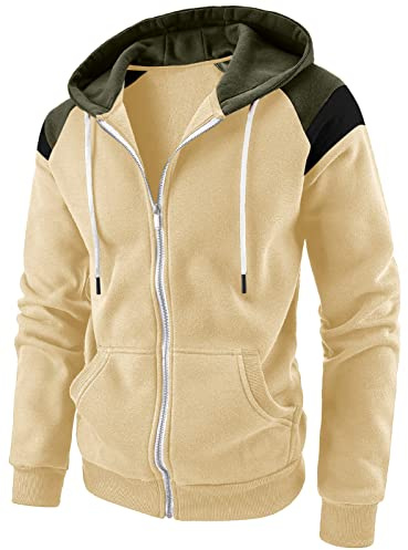 Felpa con cappuccio da uomo con cappuccio e zip intera con cappuccio e felpa in pile patchwork giacca tinta unita cappotto con tasca Kanga, 2 Giallo cachi, XL