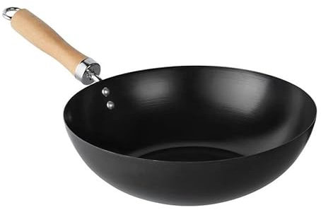 U HOME Wok Stir Fry Pan 28cm, Wooden Handle, Lightweight Carbon Steel, Chef’s Pan, Pre-Seasoned Non-Stick Deep-Frying Pot, for Chinese Japanese and Other Cooking. (Wok Wooden Handle 28cm)
