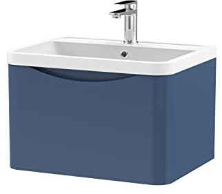 nuie LUN305 Lunar Modern Bathroom Wall Hung 1 Drawer Vanity Basin Unit & Polymarble Basin, 600mm, Satin Blue