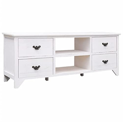 Homiuse Mueble TV Antiguo de Madera de Paulownia - Mesa Televisión Industrial Blanca 108x30x40 cm para Salón