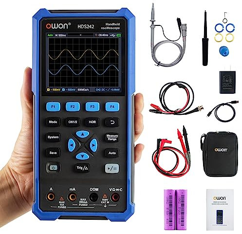 OWON HDS242 Handheld Oscilloscope, 40MHz Bandwidth 2 in 1 Digital Multimeter Oscilloscope, 20000 Counts with 2 Channel USB Type C and 3.5 Inch LCD Display (oscilloscope+multimeter)