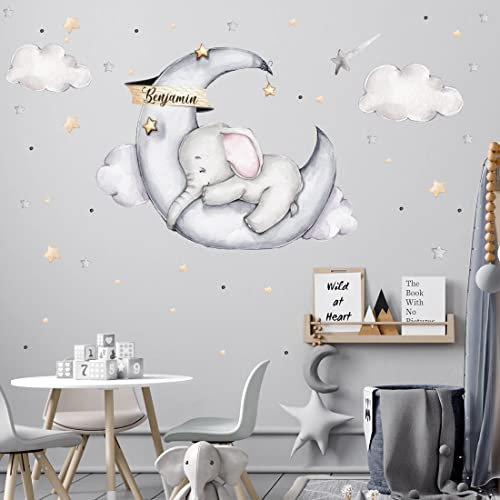 WANDKIND Elefant auf dem Mond mit Wunschname V329 Wandtattoo Kinderzimmer | handgezeichnet | AUFKLEBER Kindergarten | Wandsticker Babyzimmer, Kinderzimmer Elefant, Mond, Wolke, Sterne (100 x 100 cm)