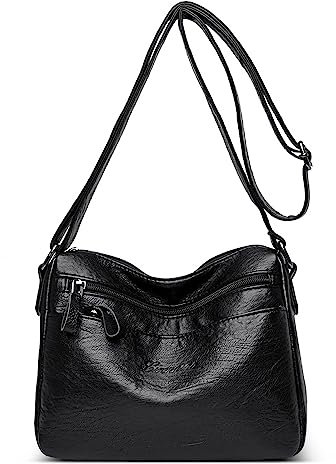 FORRICA Umhängetasche Damen Mittelgroße Elegante Schultertasche Mehrere Taschen Frauen Crossbody Bag PU Leder für Shopper Reisen Arbeit Schwarz