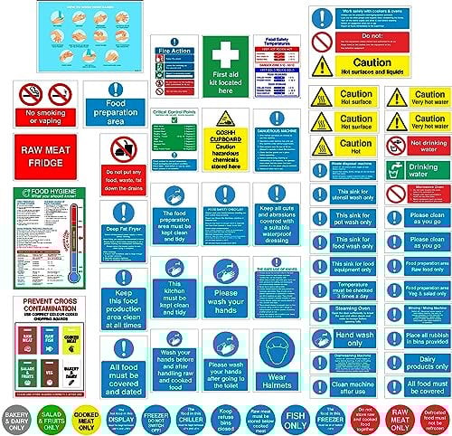 Rubigo Complete Kitchen Safety Signs Set – 65 Self Adhesive Waterproof & Heat-Resistant Stickers – ISO 7010 Compliant – Commercial Kitchen Use – Food Hygiene, Allergy, Fire Action – Bold & Clear (65)