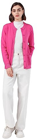 SMILING PINKER Cardigan da donna a maniche lunghe, con scollo rotondo, con bottoni e tasche, Rosa caldo, S