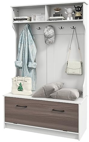CASART Coat Stand with Shoe Storage, 100x40x160cm Wooden Clothes Rack with Shoe Bench, 2 Shelves & 5 Double Hooks, 3 in 1 Storage Shelf Freestanding Hall Tree for Hallway Entryway Living Room (White)