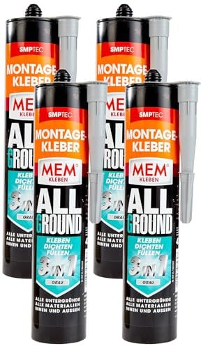 MEM Montage-Kleber Allground 3in1, Zum Kleben, Dichten und Füllen, Grau, Wasser- und UV- beständig, Für fast alle Untergründe, Lösemittelfrei, 430 g Kartusche (Packung mit 4)