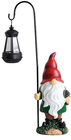 Super Happy Traditional Garden Gnome Large 30cm Solar Powered LED Outdoor Garden Ornament for Garden, Lawn or Patio Red and Green with Lantern Garden Statue
