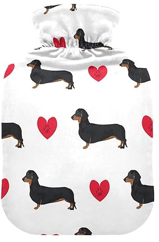 Dackel Hund Herzen Wärmflasche mit Bezug, Wärmflaschen zur Schmerzlinderung, Warmwasserbeutel, Warmwasserbettwärmer für Erwachsene, 2L