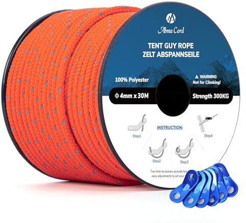 Abma Cord Abspannseile Zeltschnur mit 6 Stück Seilspanner 4mm 30M Zeltseil für Camping, Zelte, Sonnensegel, Vorzelt - Reflektierende Neon Orange