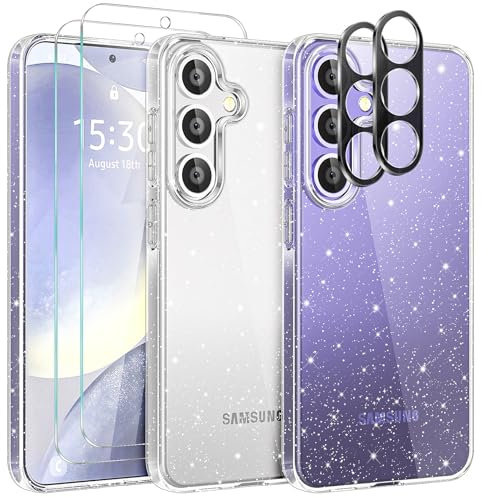 YIRSUR Glitzer Hülle für Samsung Galaxy S24 mit 2 Stück Glasfolie und 2 Stück Kameraschutz, Transparent Handyhülle Bling Weiche TPU Silikon Stoßfest Schutzhülle für Frauen und Mädchen, Durchsichtig
