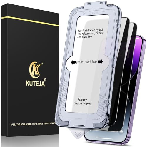 Kuteja Panzerglas Sichtschutz für iPhone 14 Pro [2 Stück], 9H Härte Anti Spähen Full Screen Schutzfolie, Automatische Staubentfernung Folie, Anti-Fingerabdruck, Anti-Kratzen