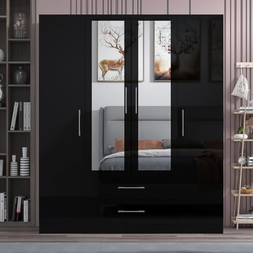 URBAN FURNISHING Modern 4-Door Wardrobe with Mirror & 2 Bottom Drawers – Glossy Finish, Bedroom Closet Armoire with Hanging Space & Storage Shelves (Black, 160cm)