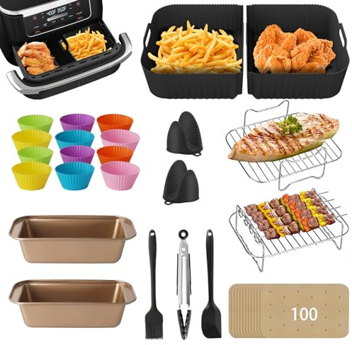Silicone Air Fryer Liner for Ninja Foodi Flexdrawer AF500UK/AF500UKCP, 1 * 10.4L+2 * 5.2L Large Dual Air Fryer Accessories, Including Air Fryer Baskets, Grilling Rack, Gloves, Oil Brush, Tong