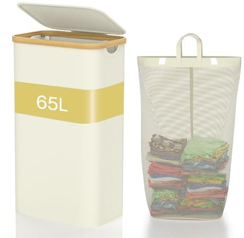 GLOWPOINT 65L Slim Laundry Basket with Lid, Narrow Small Washing Basket for Dirty Clothes with Removable Bag, Cloth Storage Laundry Hamper Bin for Bedroom, Bathroom, Laundry Room, Beige