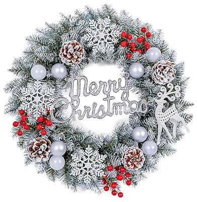 Tanant Pre Lit Christmas Wreath for Front Door Large Lighted Christmas Wreath with Silver White Xmas Balls for Fireplace Window Outdoor Table Centerpiece Home Decoration (nonluminous)