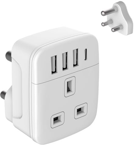 Amoi UK to South Africa Plug Adapter,Grounded Type M South Africa Plug Adapter, with 4 USB Ports 17W USB C Fast Travel Charger, Africa,Namibia, Swaziland, Lesotho, Bhutan,Botswana(Type M)