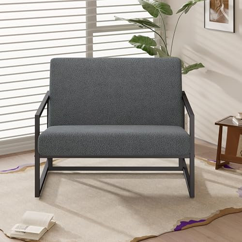 Hawthyhome Sessel Schafwolle Loungesessel aus Kunstleder Extragroß Gepolsterter Sessel mit Armlehnen Loungesessel mit Vollmetallrahmen Wohnzimmer/Schlafzimmer Grau