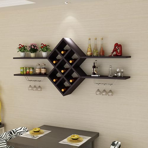 Moderno estante industrial de hierro montado en la pared con estante de exhibición de botellas y vidrio, elegante soporte para botellas de vino para cocina, despensa, bar, color negro oscuro
