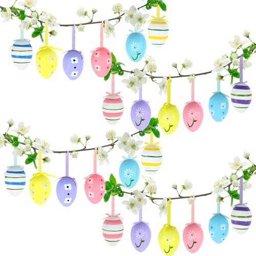 24x Handbemalte Ostereier zum Aufhängen, panemy Bunte Ostereier Plastik aus Kunststoff, Ostereier zum Aufhängen - pastellfarbene Osterdeko mit tollen Mustern Größe: 6 cm