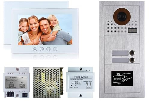 VIDEOCITOFONO 2 FILI 1 2 3 4 MONITOR LCD TOUCH FAMILIARE BIFAMILIARE CONDOMINIALE TELECAMERA (Kit Bifamiliare Completo Bianco 10 )