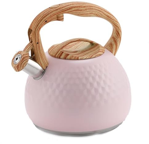 Rosa Teekessel für den Herd, Pfeifender Teekessel aus lebensmittelechtem Edelstahl, Schnellkochkessel mit Holzgriff – 3,2 Liter