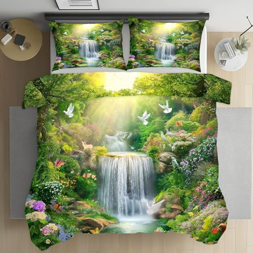 Sobhdga Natur Landschaft Bettwäsche 135x200 3teilig, Berg Wasserfall Bettwäsche-Sets Mikrofaser, Urwald Dschungel Bettbezug Weich, mit Reißverschluss Und 2 Kissenbezug 80x80 cm