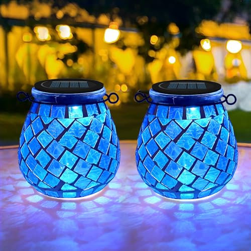 TOTHDATE 2PCS Solar Mosaik Leuchte Oval für Außen, On/Off Glas Mosaik Hängend Licht Solarlaterne Tischleuchte IP65 Wasserdicht für Rasen Pfad Hof Deck Boden Teich, Blau Quadrat Mosaik