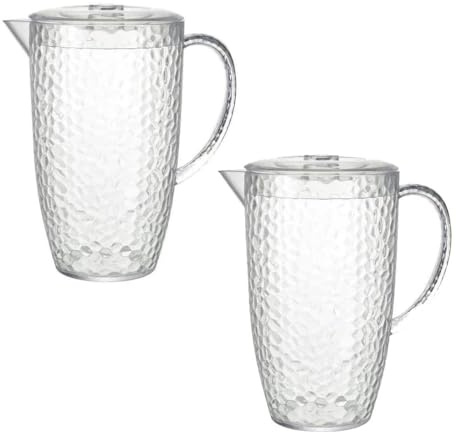 Pack of 2-2 Litre Drinks Pitcher Jug - Indoor Outdoor Summer Dining Barbeque Picnic Party Tableware- Clear Plastic Dimple Effect with Lid - Juice Water Cocktails