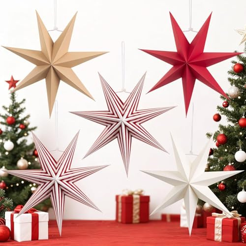 Easy Joy 5er Set Weihnachts-Papiersterne, 3D-Ornamente zum Aufhängen | Faltbare Sterne in Rot, Weiß, Braun und Streifenmuster, Weihnachtsbaum-, Party- und Wohnzimmerdekoration