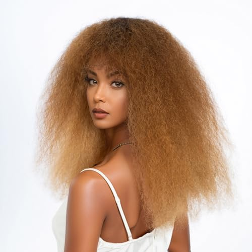 Rebecca Fashion Afro-Perücke mit Pony, Echthaar, minimalistisch, 6,3 x 2,5 cm, für Damen, klebefrei, Ombré-Dunkelbraun bis Honigblond