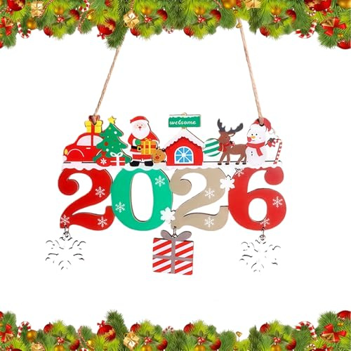 KLINNA 2026 Weihnachten Türschild Holz Set: Tür Hängende Dekorationen mit Santa Claus und Elch, Deko Holz-Aufhänger als Schriftzug Plus Aufsteller für Tür und Wand Dekoration