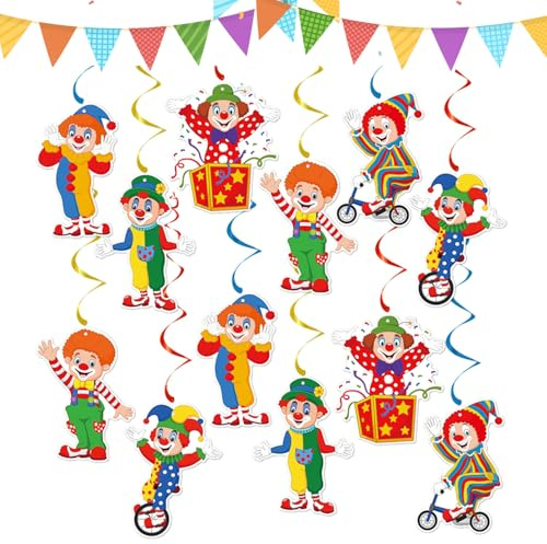 KERYBW Clown Girlande Karneval, 12 Stück Spiral Girlanden mit Clown Motiv, Luftschlangen für Deckenhänger, Hängedeko Partydekoration für Karneval, Fasching, Zirkus Deko (B)