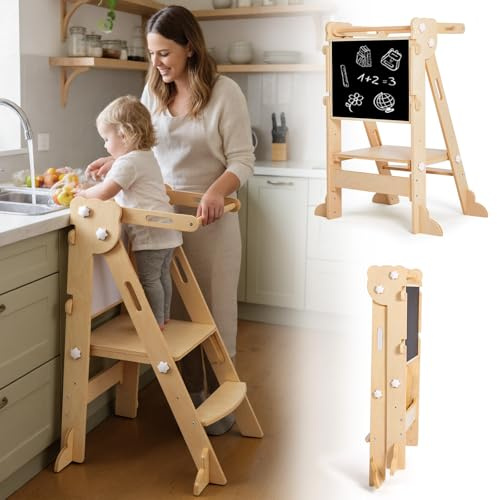 Labebe Tour d'apprentissage pour Enfants, 3 en 1 Montessori Pliable Tour d Observation, Multifonctionnelle Réglable Tour d'apprentissage avec Tableau Double Face à partir de 1 an (Bois)