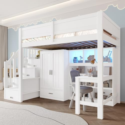 BEJUDYTT 90x200 Hochbett mit Schreibtisch und Regal, Kleiderschrank, Stauraumtreppe und L-E-D-Leuchten, weiß
