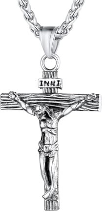 U7 Edelstahl Kreuz Halskette INRI Kruzifix Jesus Christus Anhänger mit 50+5cm Weizenkette Katholischen Christian Modeschmuck für Damen Herren, Silber-Ton
