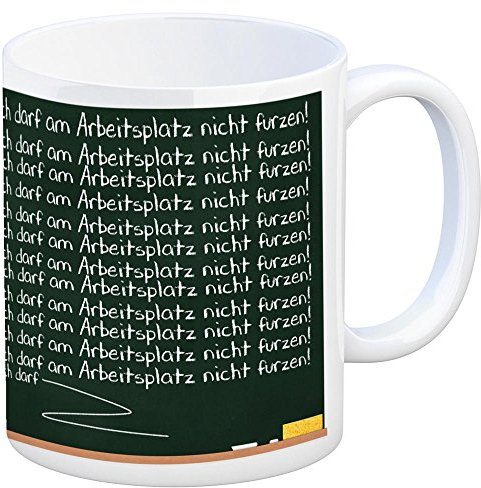 Strafarbeit Kaffeebecher: Furzregel am Arbeitsplatz Tasse Kaffeetasse Becher mug Teetasse Büro Tafel Schule Kreide Schwamm Lehrer Nachsitzen Strafarbeit furzen furz stinken eklig schmutzig kacke
