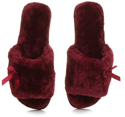AJVANI Womens ladies flat peep toe bow cosy faux sheepskin fur slip on slippers size