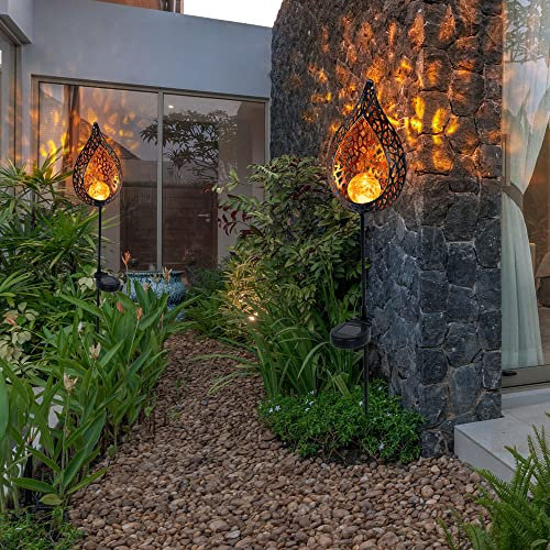 etc-shop 2x LED Solar Außen Lampe Flammen Solarleuchte Gartendeko Optik Glas Kugel Steck Strahler gold Garten Erdspieß Lampen Feuer-Effekt Garten Hof Weg Veranda Terrasse