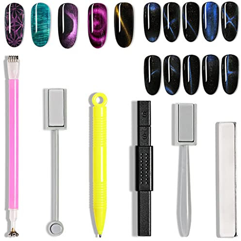 Cat Eye Magnet, 6PCS Cat Eye Gel Nail Polish Magnet Tools Set, Strong Suction Nail Magnet for Nails Square Round Magnet Stick Cat Eye Effect Double Ended Home Salon Nail Art Tools