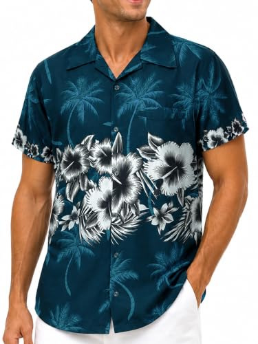 King Kameha Funky Hawaii-Hemd, Herren, Kurzarm, Flower-Chest, Petrol-Grün, XXL