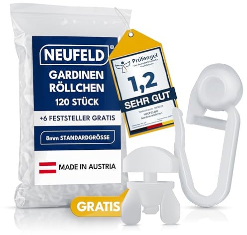 NEUFELD® 120 ganchos deslizantes de cortinas para rieles interiores (incluye 6 fijaciones), ganchos de cortina resistentes al lavado, deslizadores para cortinas (8 mm tamaño estándar) (120)