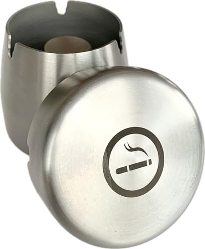 Auroni Ascher, Metal Edelstahl gebürstet, mit Logo, Sturm-Wind robust, mit Deckel, winddicht, praktisch, kompakt, geruchsfrei, leicht zu reinigen, sicher, modernes Design, Wind-aschenbecher