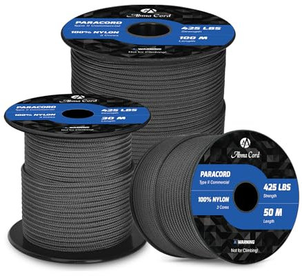 Abma Cord Paracord 3mm 30M 100% Nylon Seil Paracord 425 Typ II Schnur mit 3 Kern für Basteln, Camping, Survival - Max. 192kg (425lbs) - Schwarz