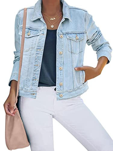 luvamia Women's Casual Basic Button Down Stretch Regular Fit Long Sleeves Denim Jean Jacket Azure Mood Size Large