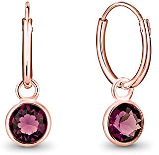 DTPsilver® KLEINE Creolen Ohrringe 925 Sterling Silber Rosen-Gold überzogen mit Swarovski® Elements Kristall Rund - Mädchen - Dicke 1.2 mm - Durchmesser 12 mm - Farbe : Amethyst