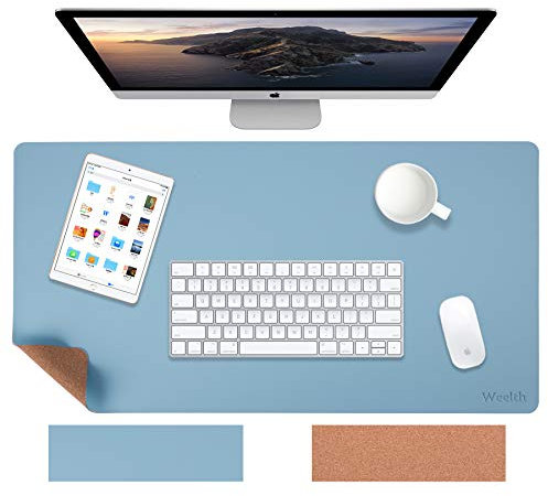 Weelth Schreibtischunterlage, 800*400mm Tischunterlage Naturkork & PU-Leder doppelseitige Mauspad, Laptop Tischunterlage wasserdicht Schreibunterlage, ideal für Büro und Zuhause(Hellblau, 800*400mm)