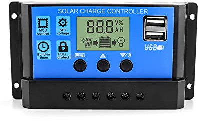 QWORK® 30A 12V/24V PWM Intelligente Regolatore di Carica Pannello Solare con 5V Doppia Porta USB e Display LCD