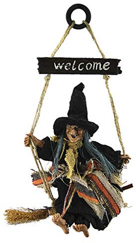Witch on Broom Halloween Hanging Doll with Welcome Plaque Creepy Halloween Decoration Props for Front Door Haunted House Bar Restaurant KTV Décor Hanging Scary Ghost Party Decor
